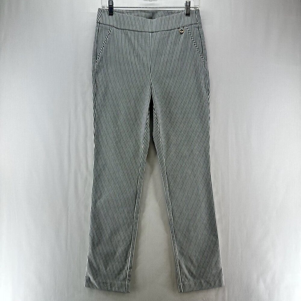 Rafaella Pull On Pants Womens Sz 4 Stretch High Rise Straight Striped Gray White